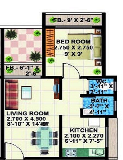 Floor plan of 1 BHK 329 Sq. Ft. Apartment in Grow Savitri Landmark, Navi Mumbai