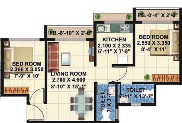Floor plan of 2 BHK 505 Sq. Ft. Apartment in Grow Savitri Landmark, Navi Mumbai