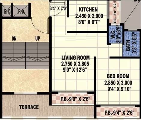 Floor plan of 1 BHK 337 Sq. Ft. Apartment in Grow Swastik Towers, Navi Mumbai