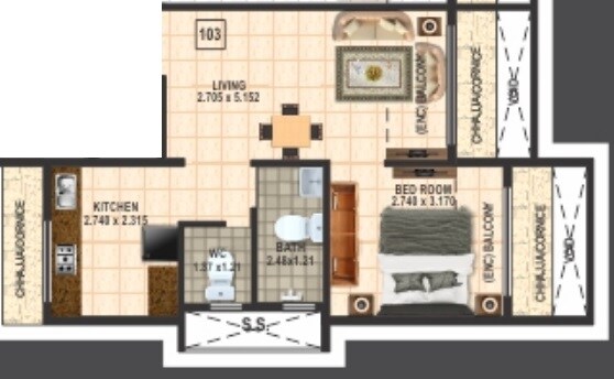 Floor plan of 1 BHK 374 Sq. Ft. Apartment in Gurbani Signature, Navi Mumbai