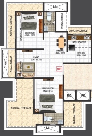 Floor plan of 2 BHK 540 Sq. Ft. Apartment in Gurbani Signature, Navi Mumbai