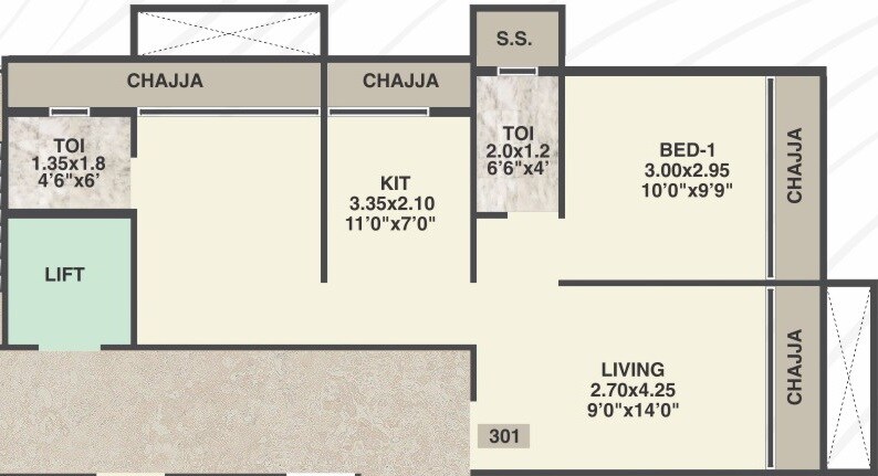 Floor plan of 1 BHK 395 Sq. Ft. Apartment in Guru Sai Dwarka, Navi Mumbai
