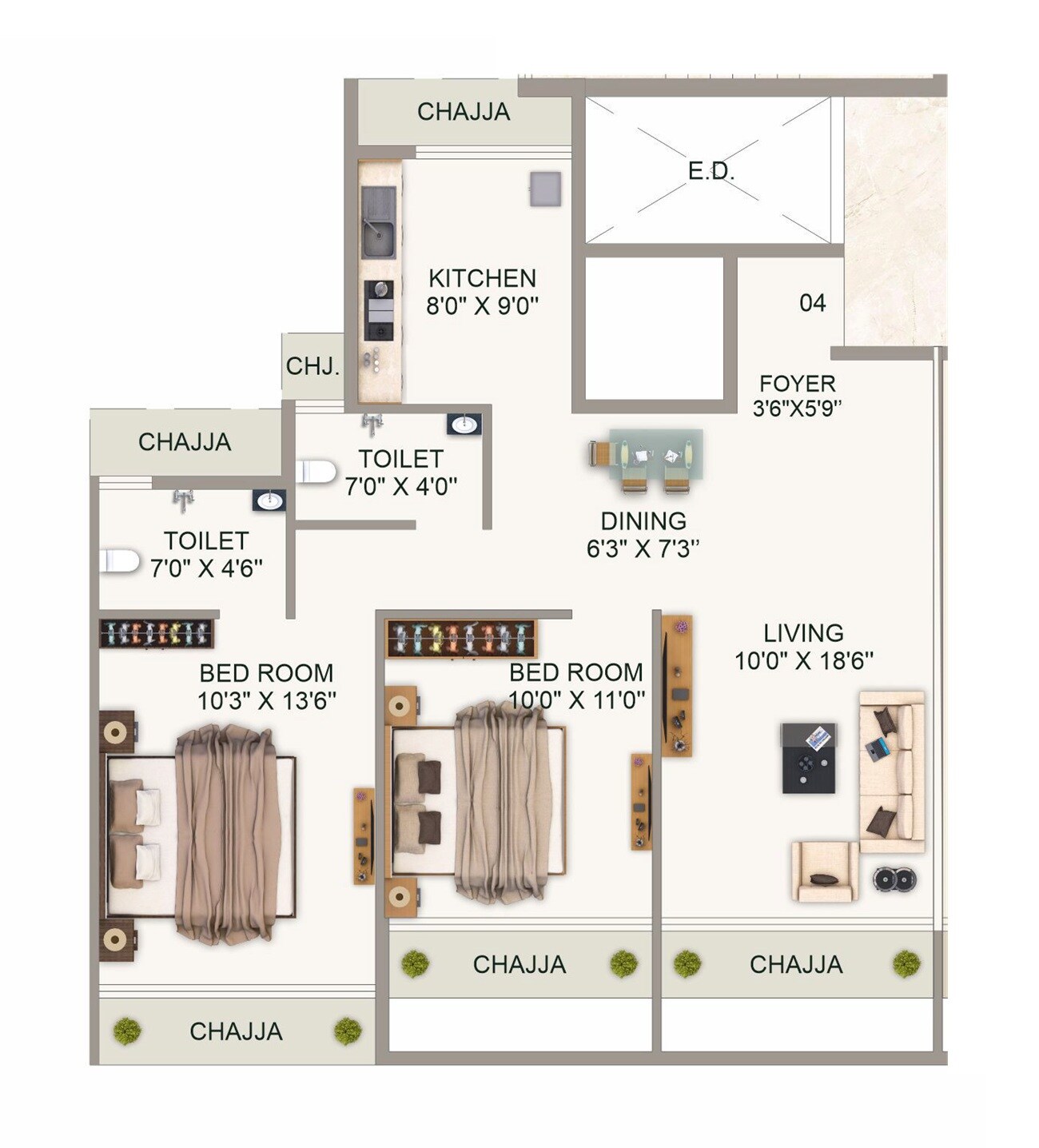Floor plan of 2 BHK 676 Sq. Ft. Apartment in Gurukrupa Aramus Rudra, Navi Mumbai