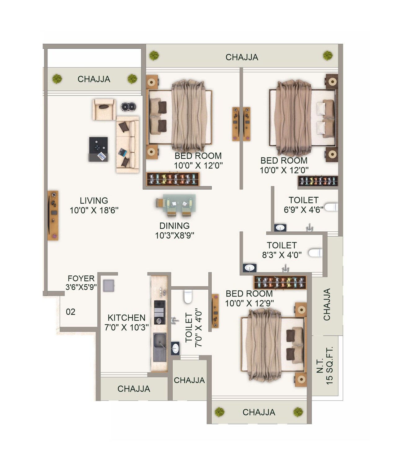 Floor plan of 3 BHK 879 Sq. Ft. Apartment in Gurukrupa Aramus Rudra, Navi Mumbai