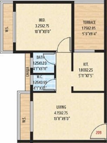 Floor plan of 1 BHK 275 Sq. Ft. Apartment in Gurukrupa Heights, Navi Mumbai
