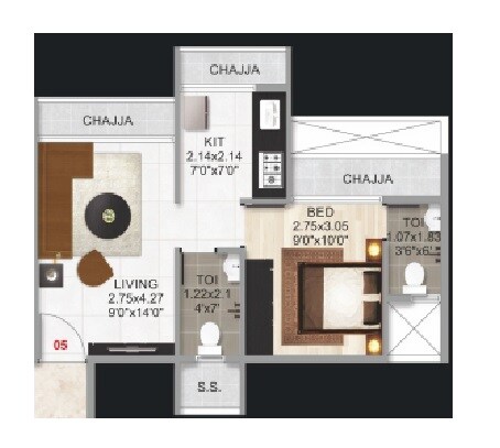 Floor plan of 1 BHK 327 Sq. Ft. Apartment in Gurukrupa Tulsi Heights, Navi Mumbai