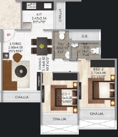 Floor plan of 2 BHK 457 Sq. Ft. Apartment in Gurukrupa Tulsi Heights, Navi Mumbai