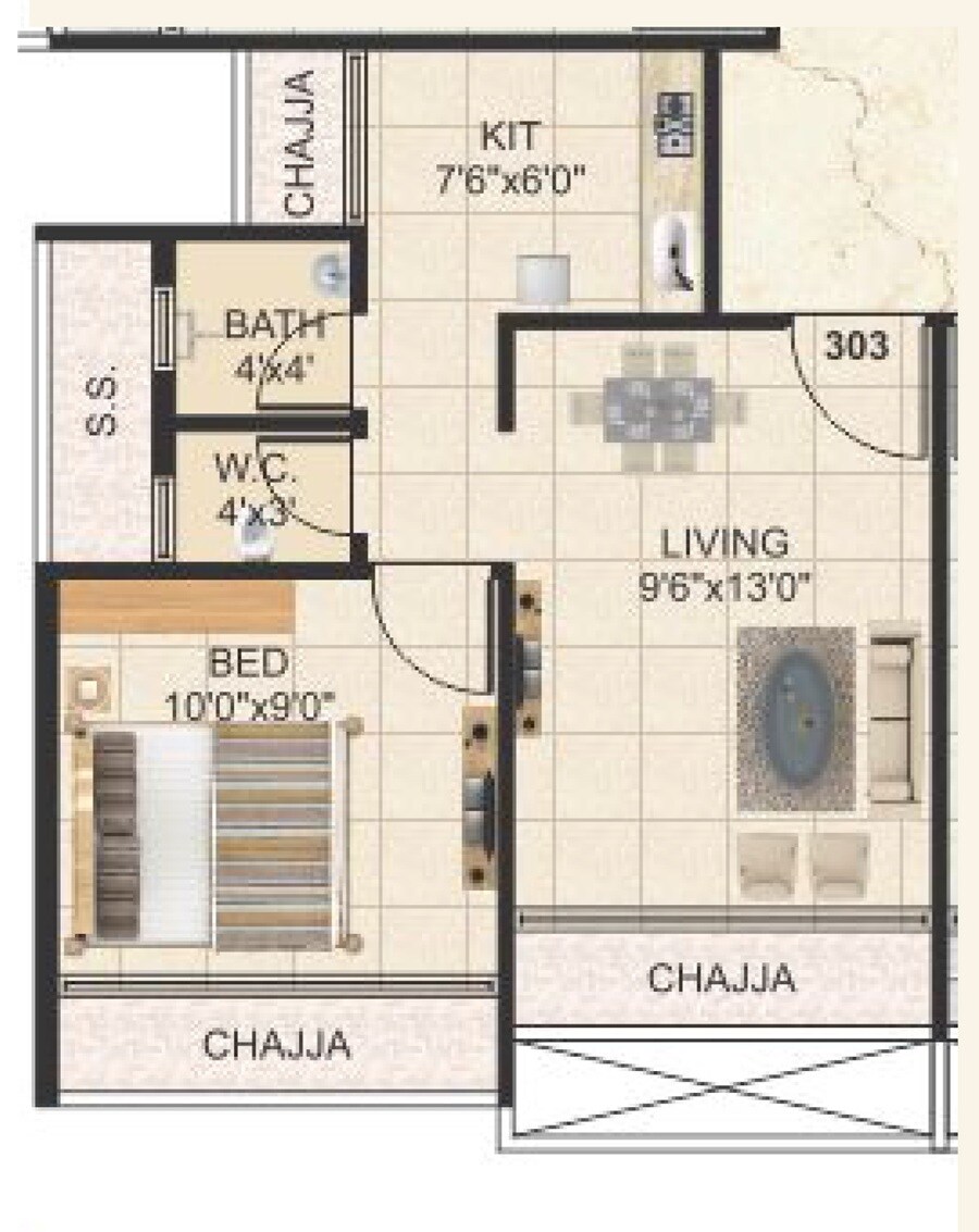 Floor plan of 1 BHK 208 Sq. Ft. Apartment in Hariom Crystal, Navi Mumbai