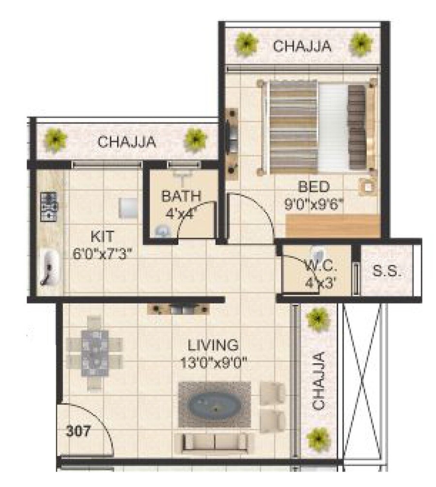 Floor plan of 1 BHK 277 Sq. Ft. Apartment in Hariom Crystal, Navi Mumbai