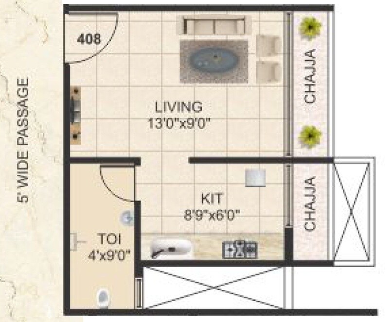 Floor plan of 158 Sq. Ft. Studio in Hariom Crystal, Navi Mumbai