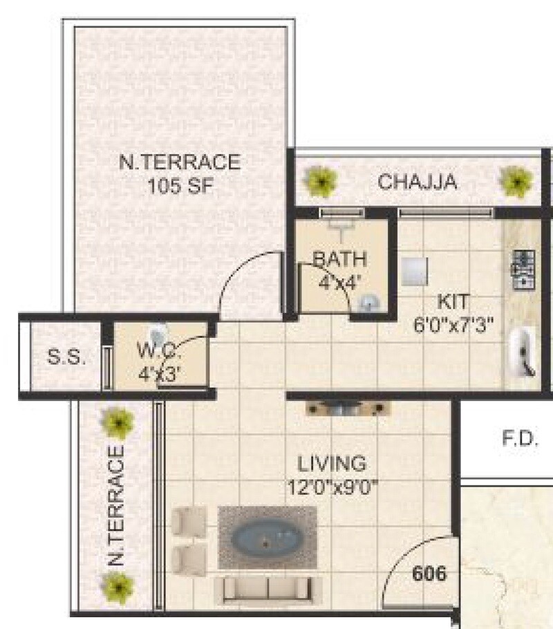 Floor plan of 184 Sq. Ft. Studio in Hariom Crystal, Navi Mumbai