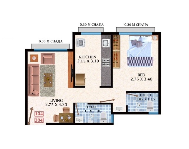Floor plan of 1 BHK 400 Sq. Ft. Apartment in Hariom Pushp Dwarka, Navi Mumbai