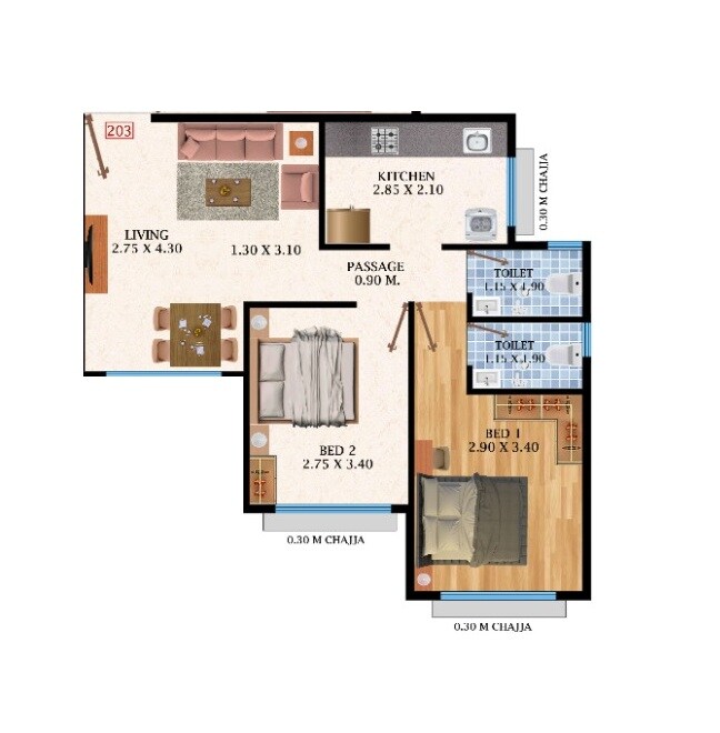 Floor plan of 2 BHK 538 Sq. Ft. Apartment in Hariom Pushp Dwarka, Navi Mumbai