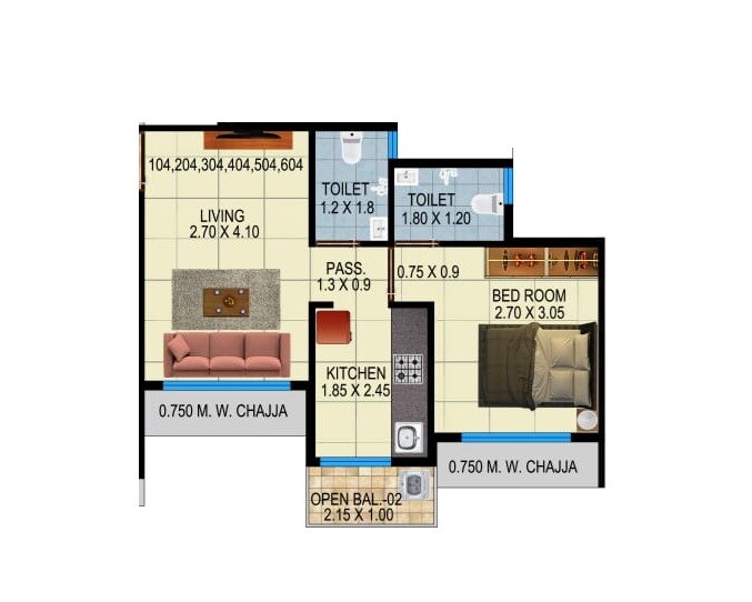 Floor plan of 1 BHK 336 Sq. Ft. Apartment in Hariom Pushp Vasundhara, Navi Mumbai