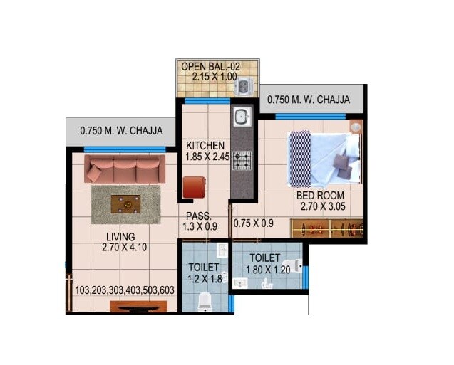 Floor plan of 1 BHK 344 Sq. Ft. Apartment in Hariom Pushp Vasundhara, Navi Mumbai