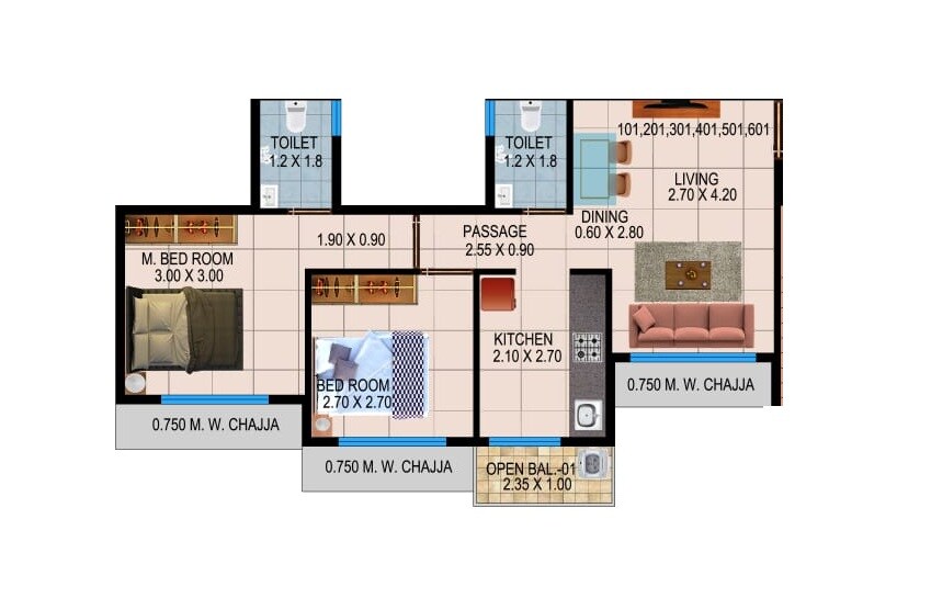 Floor plan of 2 BHK 486 Sq. Ft. Apartment in Hariom Pushp Vasundhara, Navi Mumbai