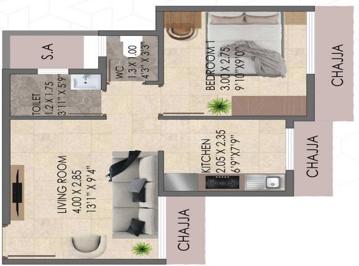 Floor plan of 1 BHK 370 Sq. Ft. Apartment in Harshraj Gauri Shankar Corner, Navi Mumbai