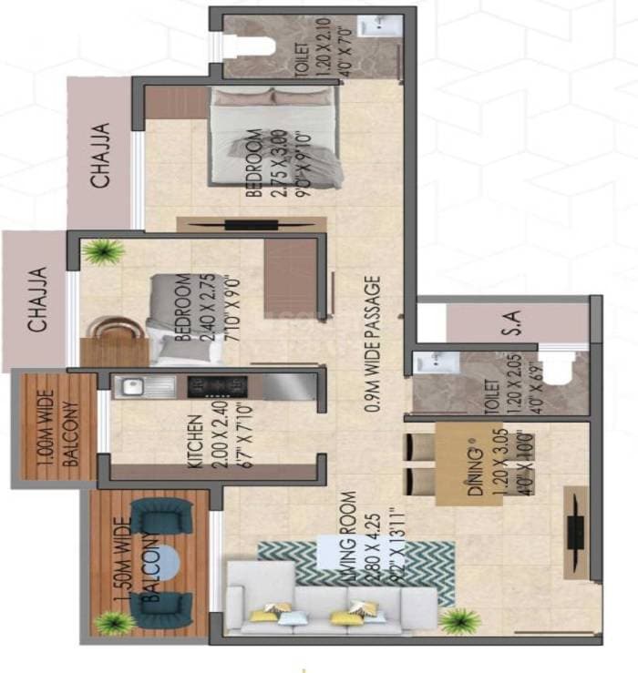 Floor plan of 2 BHK 493 Sq. Ft. Apartment in Harshraj Gauri Shankar Corner, Navi Mumbai
