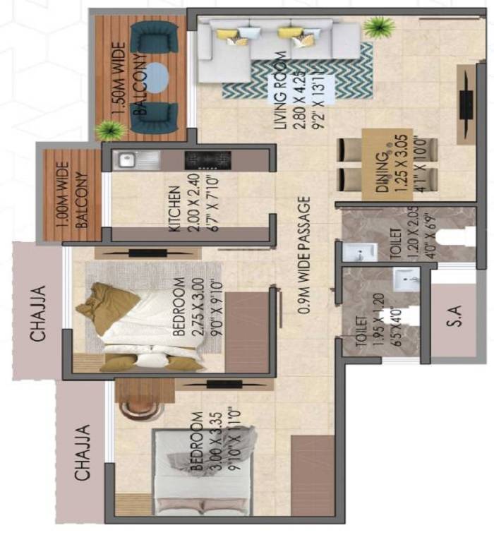 Floor plan of 2 BHK 536 Sq. Ft. Apartment in Harshraj Gauri Shankar Corner, Navi Mumbai
