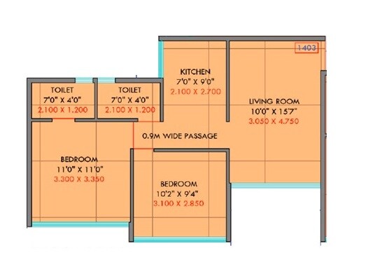 Floor plan of 2 BHK 536 Sq. Ft. Apartment in Haware Elinor, Navi Mumbai