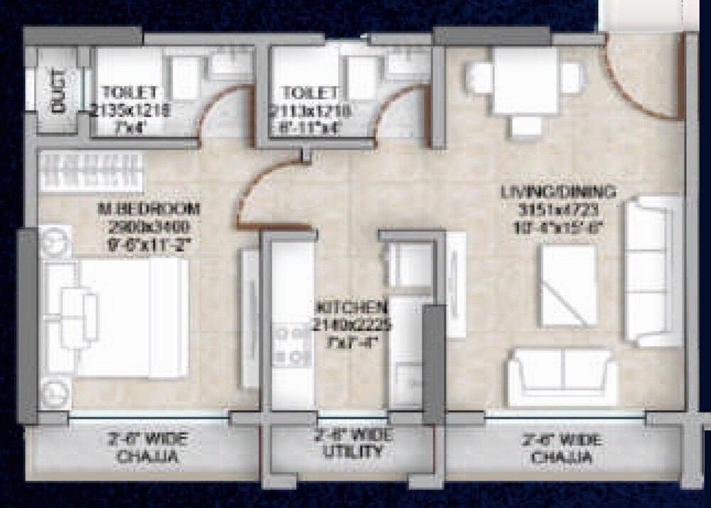 Floor plan of 1 BHK 416 Sq. Ft. Apartment in Haware Grande, Navi Mumbai