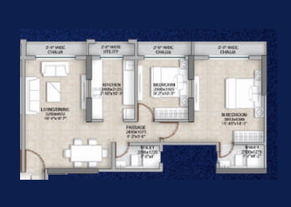 Floor plan of 2 BHK 597 Sq. Ft. Apartment in Haware Grande, Navi Mumbai