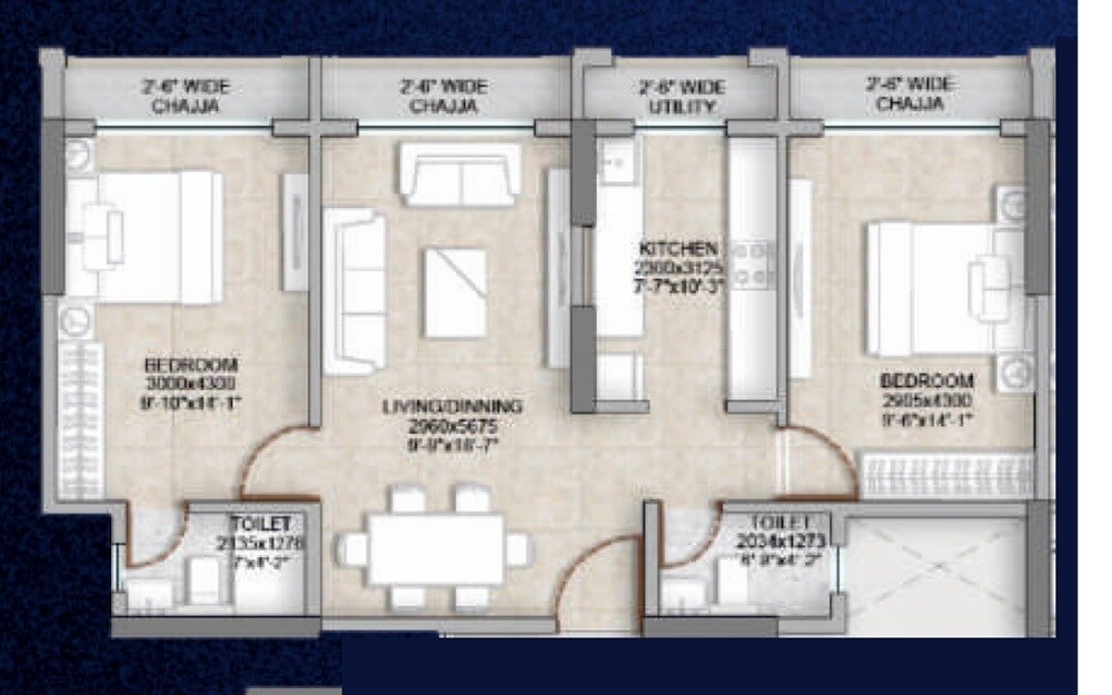 Floor plan of 2 BHK 681 Sq. Ft. Apartment in Haware Grande, Navi Mumbai