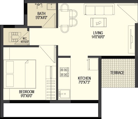 Floor plan of 1 BHK 366 Sq. Ft. Apartment in Haware Meadows, Navi Mumbai