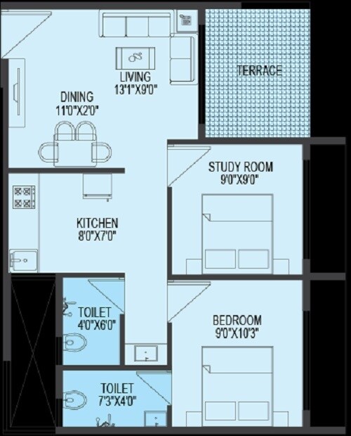 Floor plan of 2 BHK 391 Sq. Ft. Apartment in Haware Meadows, Navi Mumbai