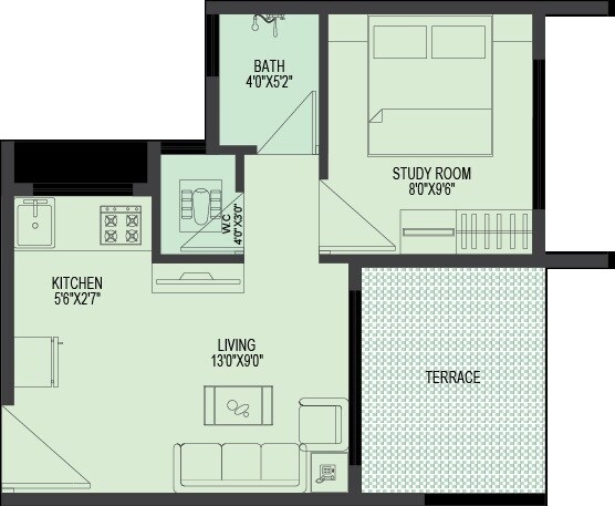 Floor plan of 208 Sq. Ft. Studio in Haware Meadows, Navi Mumbai