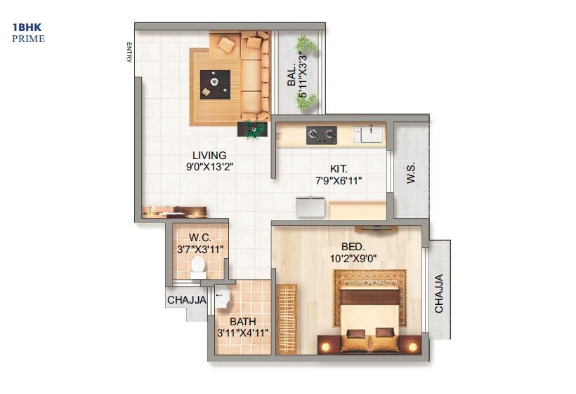 Floor plan of 1 BHK 301 Sq. Ft. Apartment in HB Nandanvan, Navi Mumbai