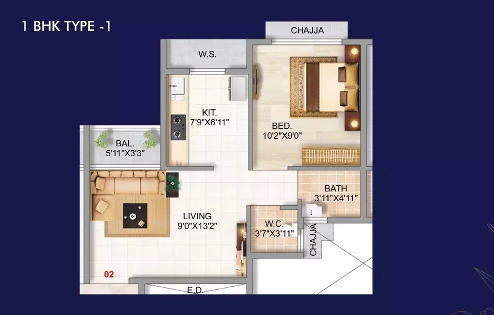 Floor plan of 1 BHK 363 Sq. Ft. Apartment in HB Nandanvan, Navi Mumbai