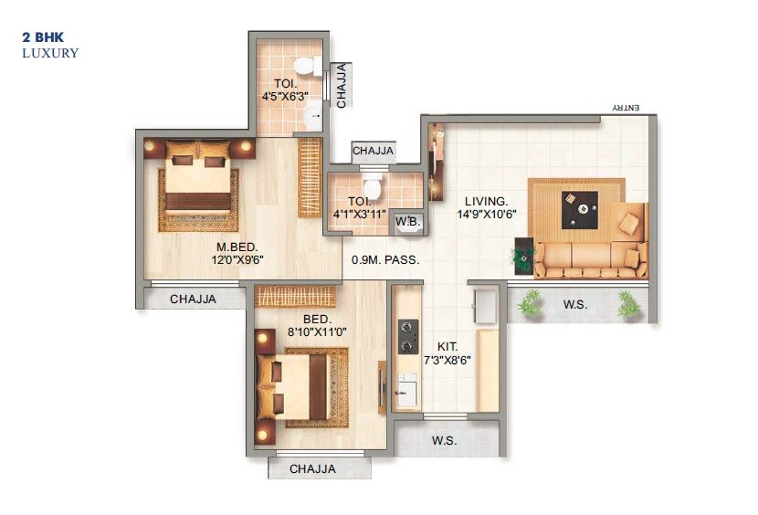 Floor plan of 2 BHK 400 Sq. Ft. Apartment in HB Nandanvan, Navi Mumbai
