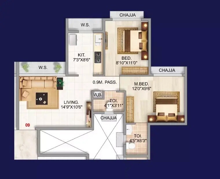 Floor plan of 2 BHK 514 Sq. Ft. Apartment in HB Nandanvan, Navi Mumbai