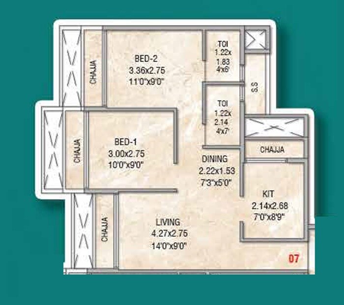 Floor plan of 2 BHK 525 Sq. Ft. Apartment in HD Pride, Navi Mumbai