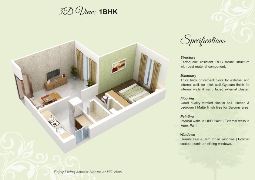 Floor plan of 1 BHK 342 Sq. Ft. Apartment in HDG Hill View, Navi Mumbai