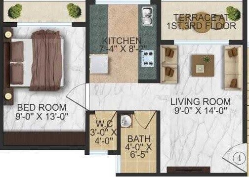 Floor plan of 1 BHK 566 Sq. Ft. Apartment in HDG Hill View, Navi Mumbai