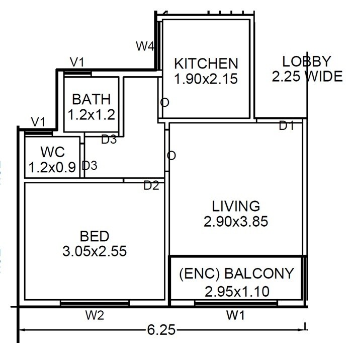 Floor plan of 1 BHK 227 Sq. Ft. Apartment in Heaven Arcade Ulwe, Navi Mumbai