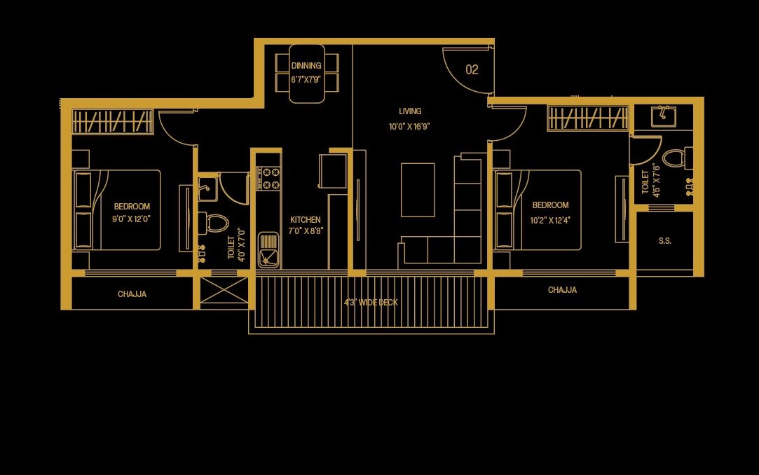 Floor plan of 2 BHK 414 Sq. Ft. Apartment in Heritage Beatum Heights, Navi Mumbai