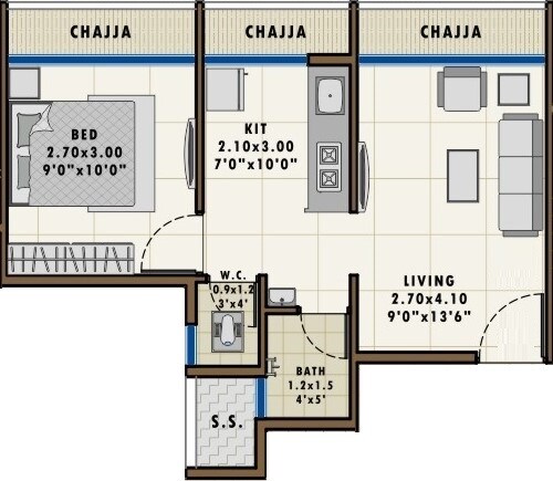 Floor plan of 1 BHK 249 Sq. Ft. Apartment in Hi Tech Elements, Navi Mumbai