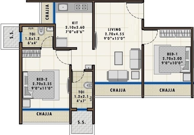 Floor plan of 2 BHK 344 Sq. Ft. Apartment in Hi Tech Elements, Navi Mumbai