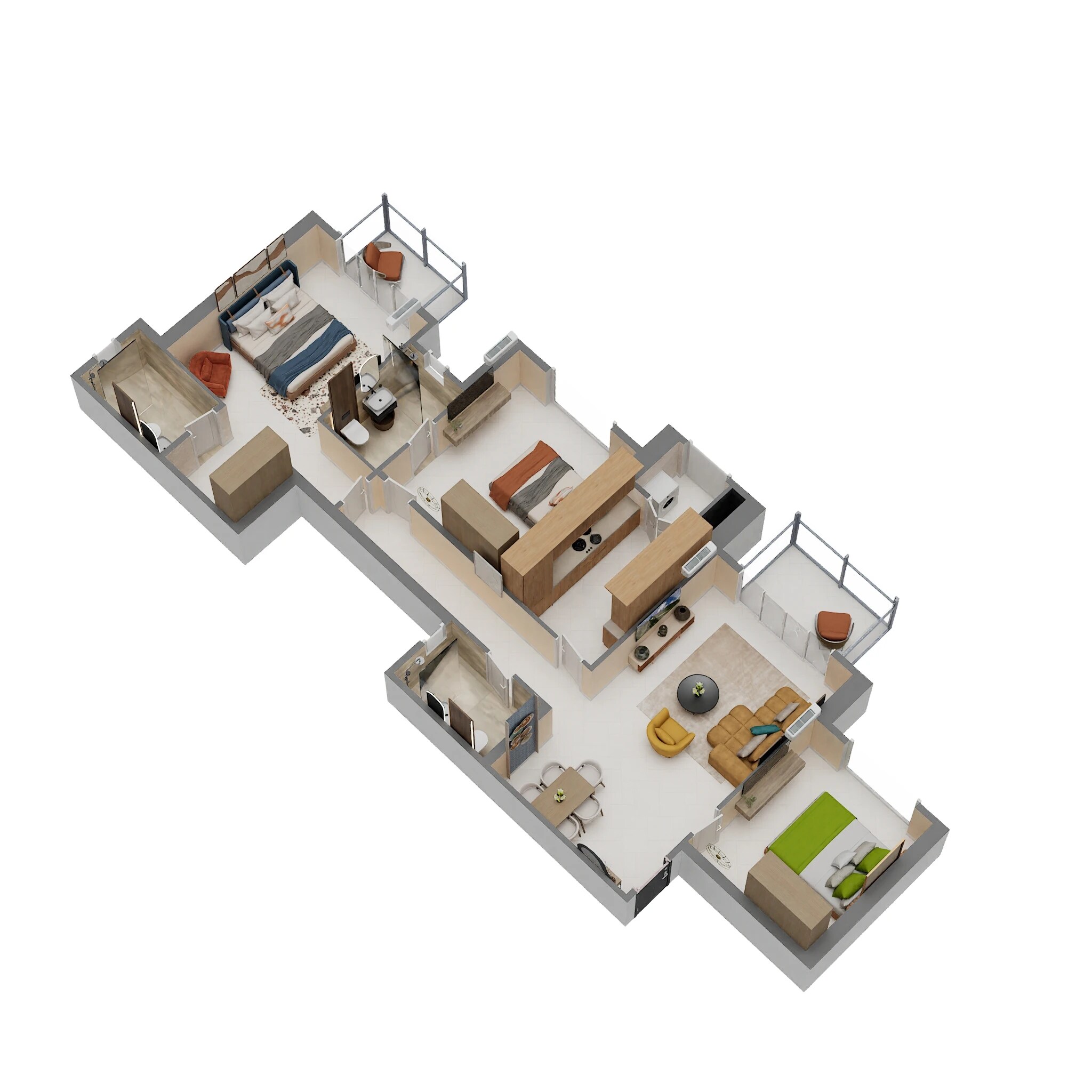 Floor plan of 3 BHK 970 Sq. Ft. Apartment in Hiranandani Fortune City, Navi Mumbai