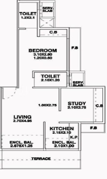 Floor plan of 2 BHK 418 Sq. Ft. Apartment in Hiray Angelica, Navi Mumbai