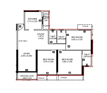 Floor plan of 3 BHK 964 Sq. Ft. Apartment in Hitech Cosmos, Navi Mumbai