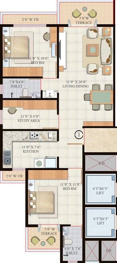 2 BHK 905 Sq. Ft. Apartment