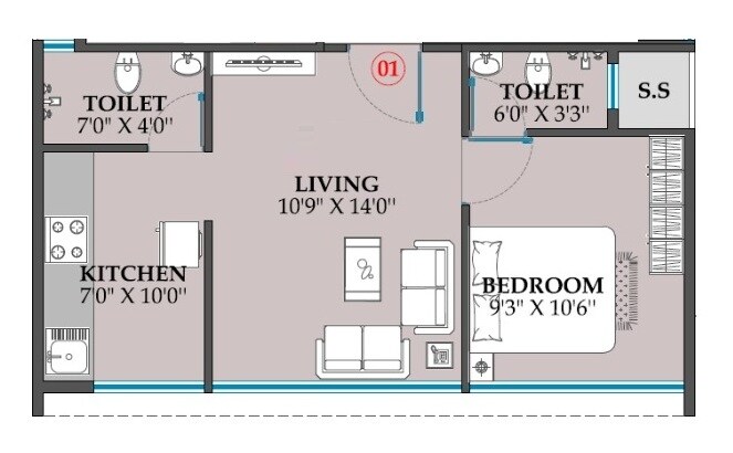Floor plan of 1 BHK 307 Sq. Ft. Apartment in Honest Dream Plaza, Navi Mumbai