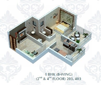 Floor plan of 1 BHK 398 Sq. Ft. Apartment in Honesty Pancharatna Complex, Navi Mumbai