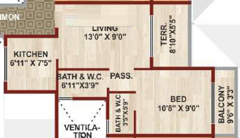 Floor plan of 1 BHK 312 Sq. Ft. Apartment in Honesty Panchashil Complex, Navi Mumbai