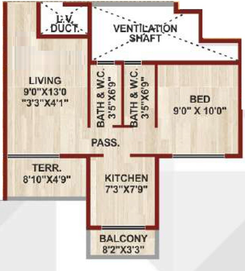 Floor plan of 1 BHK 344 Sq. Ft. Apartment in Honesty Panchashil Complex, Navi Mumbai