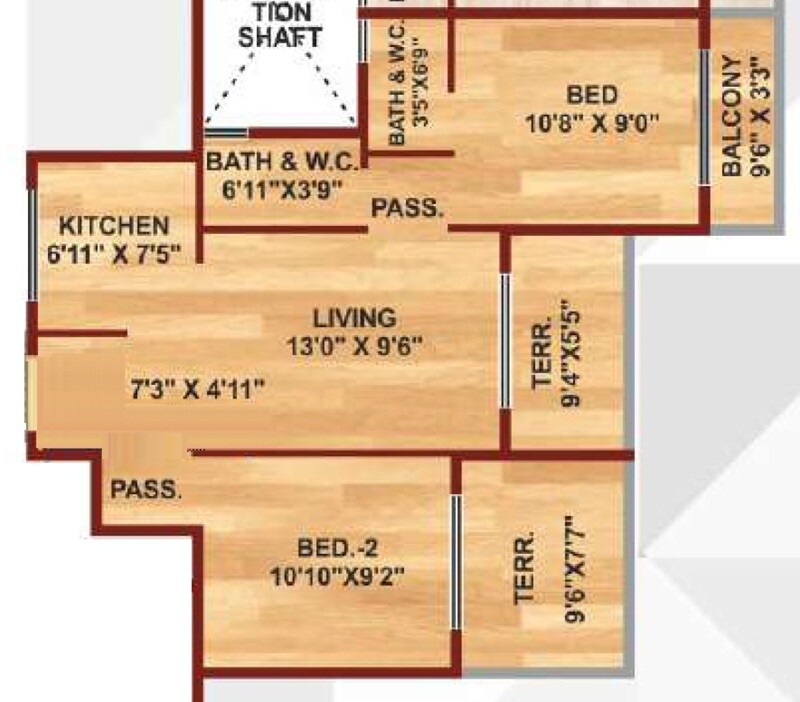 Floor plan of 2 BHK 479 Sq. Ft. Apartment in Honesty Panchashil Complex, Navi Mumbai